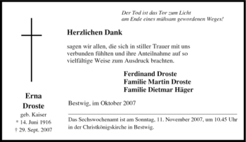 Traueranzeige von Erna Droste von Tageszeitung