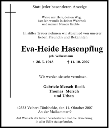 Traueranzeige von Eva-Heide Hasenpflug von Tageszeitung