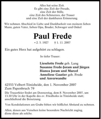 Traueranzeige von Paul Frede von Tageszeitung