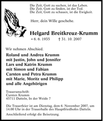 Traueranzeige von Helgard Breitkreuz-Krumm von Tageszeitung