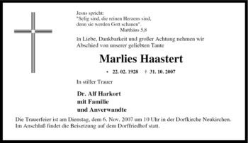 Traueranzeige von Marlies Haastert von Tageszeitung