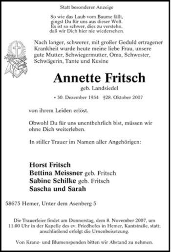 Traueranzeige von Annette Fritsch von Tageszeitung