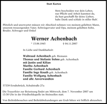 Traueranzeige von Werner Achenbach von Tageszeitung