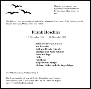 Traueranzeige von Frank Höschler von Tageszeitung