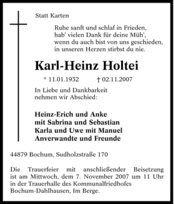 Traueranzeige von Karl-Heinz Holtei von Tageszeitung