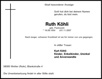 Traueranzeige von Ruth Köhli von Tageszeitung