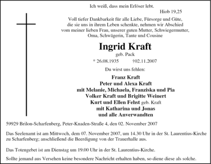  Traueranzeige für Ingrid Kraft vom 05.11.2007 aus Tageszeitung