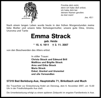 Traueranzeige von Emma Strack von Tageszeitung