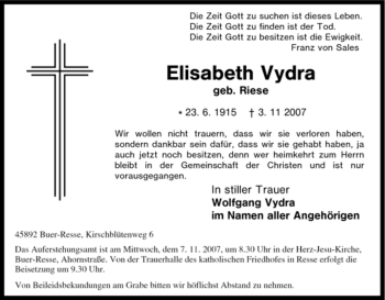 Traueranzeige von Elisabeth Vydra von Tageszeitung