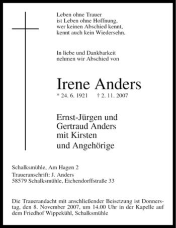 Traueranzeige von Irene Anders von Tageszeitung