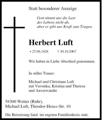 Traueranzeige von Herbert Luft von Tageszeitung