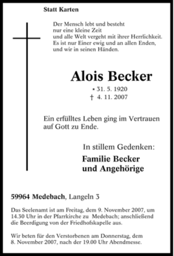 Traueranzeige von Alois Becker von Tageszeitung