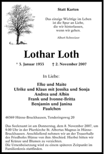 Traueranzeige von Lothar Loth von Tageszeitung