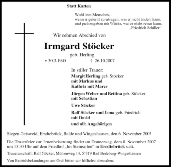 Traueranzeige von Irmgard Stöcker von Tageszeitung