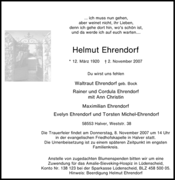 Traueranzeige von Helmut Ehrendorf von Tageszeitung
