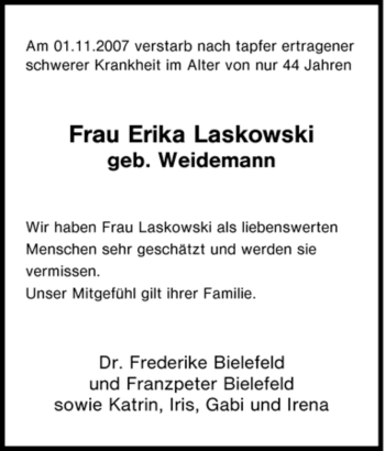Traueranzeige von Erika Laskowski von Tageszeitung