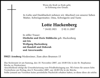 Traueranzeige von Lotte Hackenberg von Tageszeitung