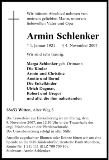 Traueranzeige von Armin Schlenker von Tageszeitung