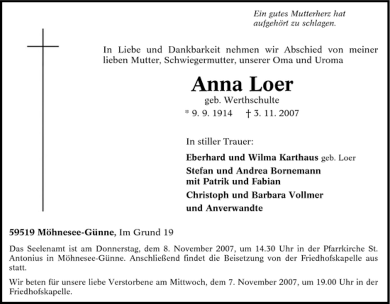  Traueranzeige für Anna Loer vom 06.11.2007 aus Tageszeitung