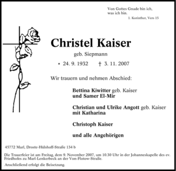 Traueranzeige von Christel Kaiser von Tageszeitung