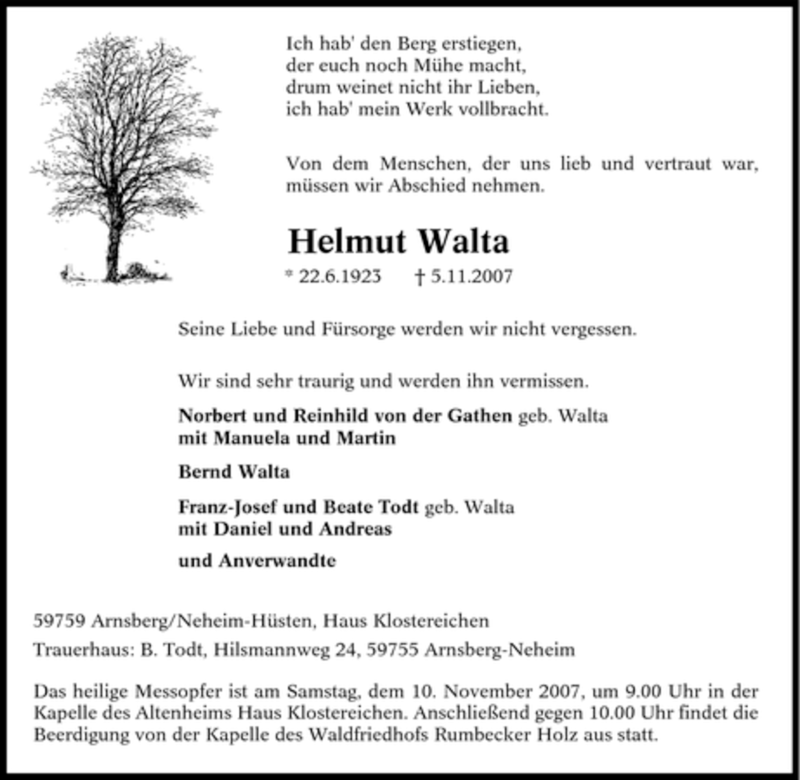  Traueranzeige für Helmut Walta vom 06.11.2007 aus Tageszeitung
