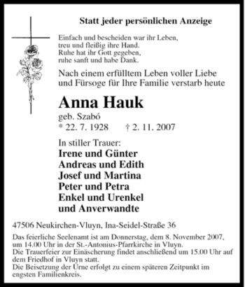 Traueranzeige von Anna Hauk von Tageszeitung