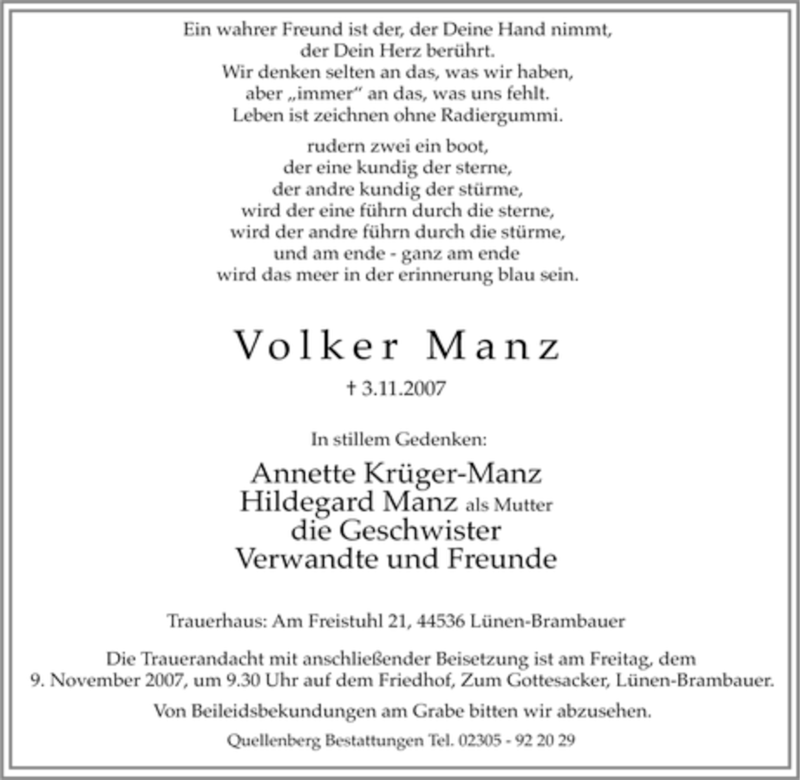  Traueranzeige für Volker Manz vom 06.11.2007 aus Tageszeitung