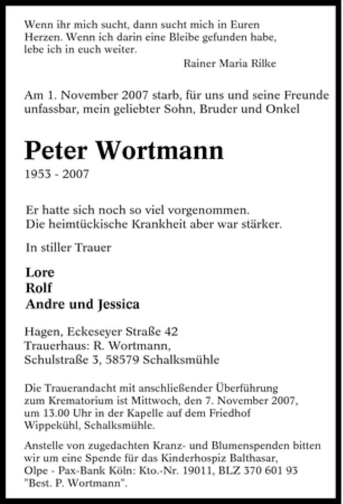  Traueranzeige für Peter Wortmann vom 06.11.2007 aus Tageszeitung