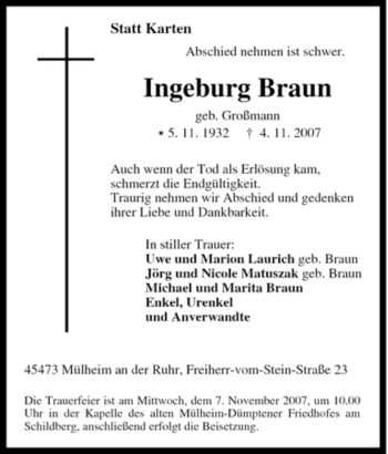 Traueranzeige von Ingeburg Braun von Tageszeitung