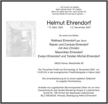 Traueranzeige von Helmut Ehrendorf von Tageszeitung