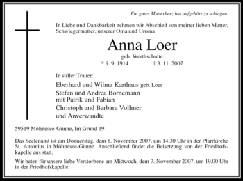 Traueranzeige von Anna Loer von Tageszeitung