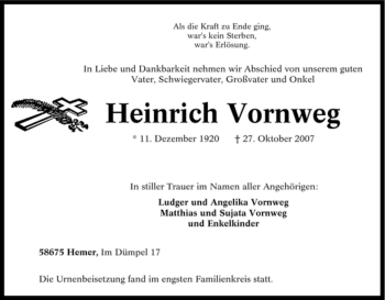 Traueranzeige von Heinrich Vornweg von Tageszeitung