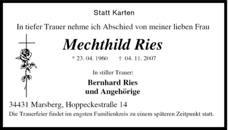 Traueranzeigen Von Mechthild Ries Trauer In NRW De