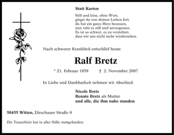 Traueranzeigen Von Ralf Bretz | Trauer-in-NRW.de