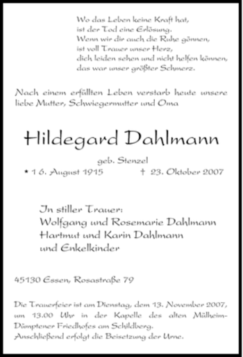 Traueranzeige von Hildegard Dahlmann von Tageszeitung