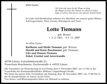 Traueranzeige von Lotte Tiemann von Tageszeitung