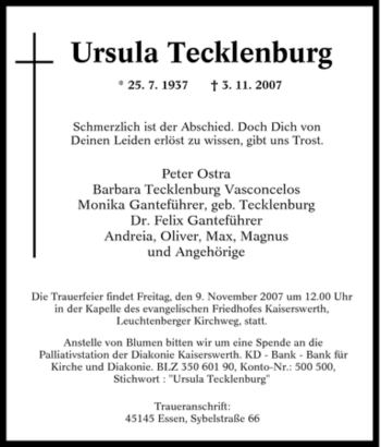 Traueranzeige von Ursula Tecklenburg von Tageszeitung