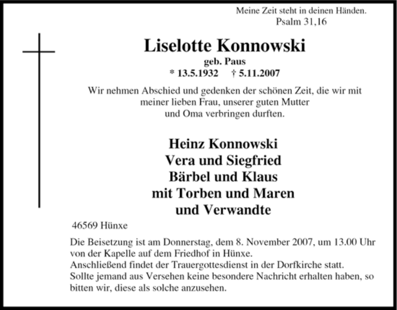  Traueranzeige für Liselotte Konnowski vom 07.11.2007 aus Tageszeitung