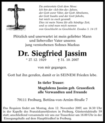 Traueranzeige von Siegfried Jassim von Tageszeitung