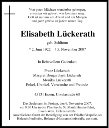 Traueranzeige von Elisabeth Lückerath von Tageszeitung