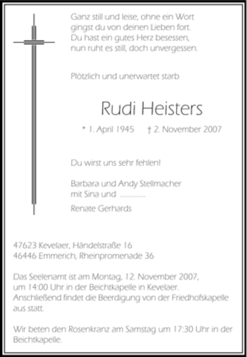 Traueranzeige von Rudi Heisters von Tageszeitung