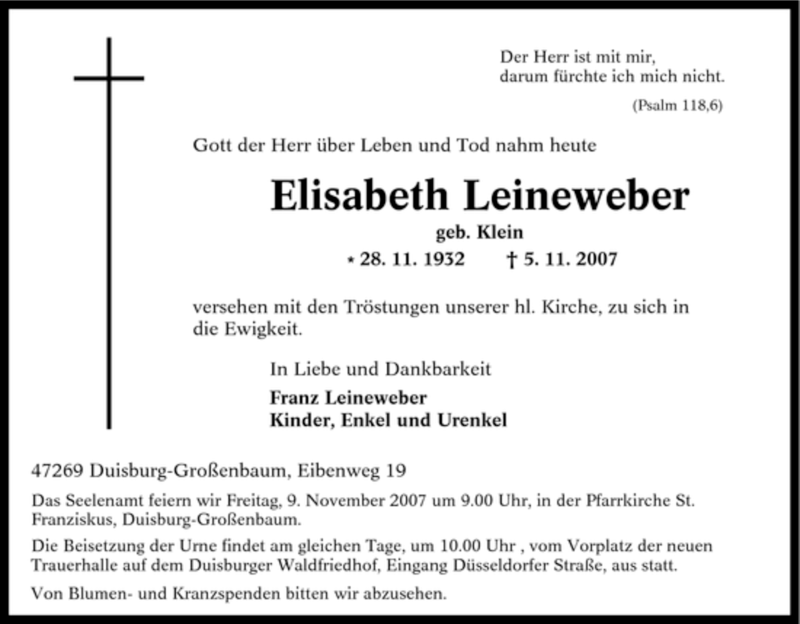  Traueranzeige für Elisabeth Leineweber vom 07.11.2007 aus Tageszeitung