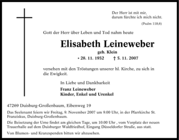Traueranzeige von Elisabeth Leineweber von Tageszeitung