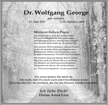 Traueranzeige von Wolfgang George von Tageszeitung