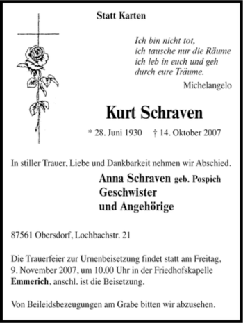 Traueranzeige von Kurt Schraven von Tageszeitung