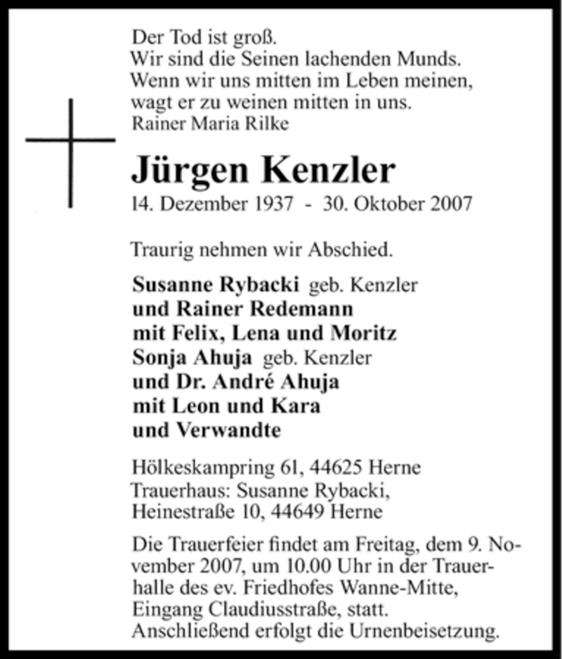 Traueranzeigen Von Jürgen Kenzler 