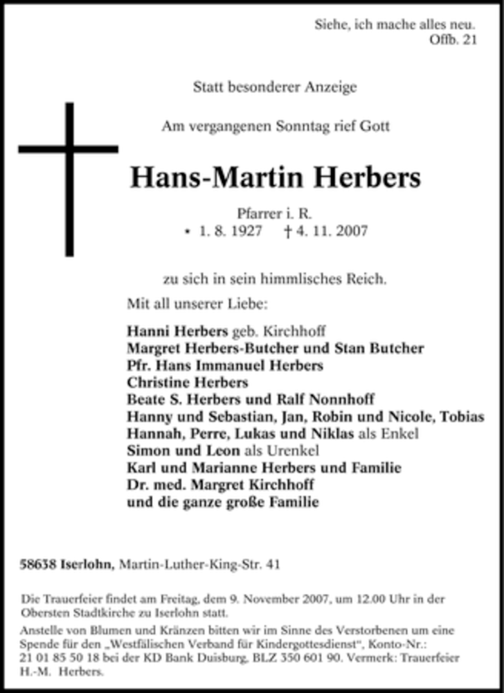  Traueranzeige für Hans-Martin Herbers vom 07.11.2007 aus Tageszeitung