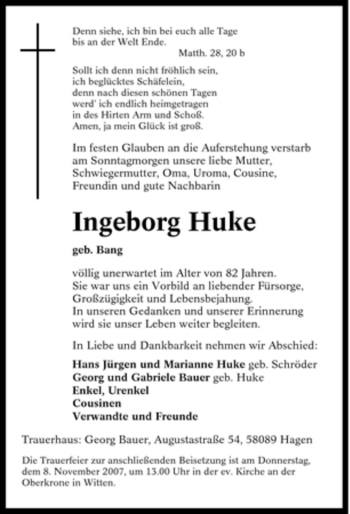 Traueranzeige von Ingeborg Huke von Tageszeitung