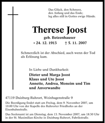Traueranzeige von Therese Joost von Tageszeitung