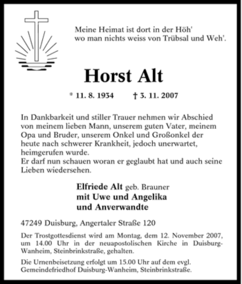 Traueranzeige von Horst Alt von Tageszeitung